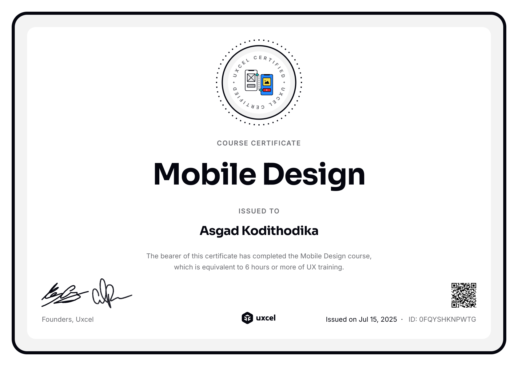 Asgad Kodithodika's certificate